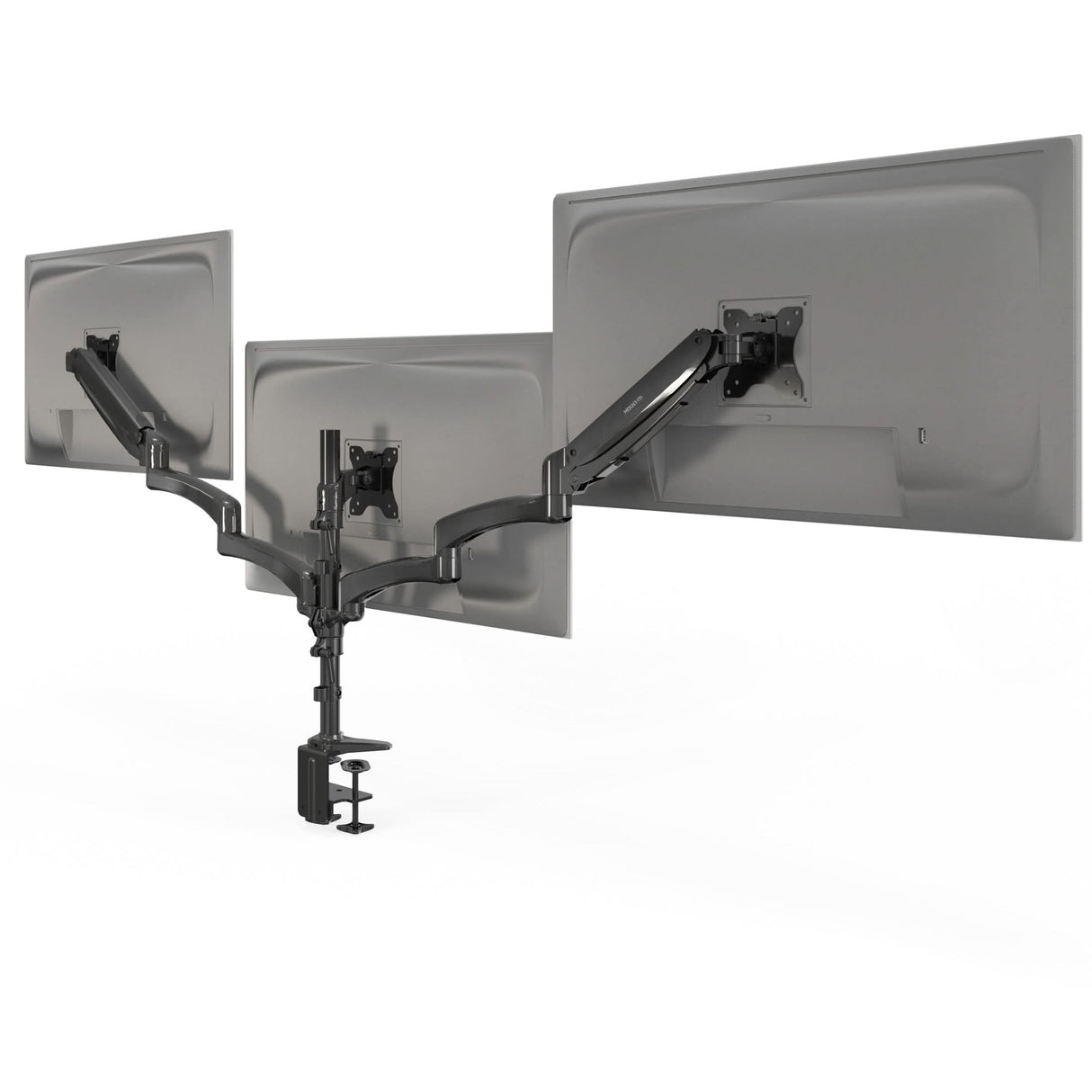 Triple Monitor Mount with Gas Spring Arms supporting three screens side by side, featuring adjustable tilt, swivel, and rotation for ergonomic positioning, sturdy clamp-on base for secure attachment to desks, and durable steel construction designed to hold monitors up to 32 inches for efficient workspace organization and comfort.