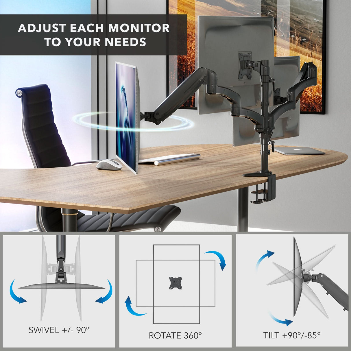 Triple Monitor Mount with Gas Spring Arms securely clamped to a desk, holding three monitors side by side with smooth adjustable arms demonstrating swivel, rotation, and tilt capabilities for customizable ergonomic positioning in a modern office setup.