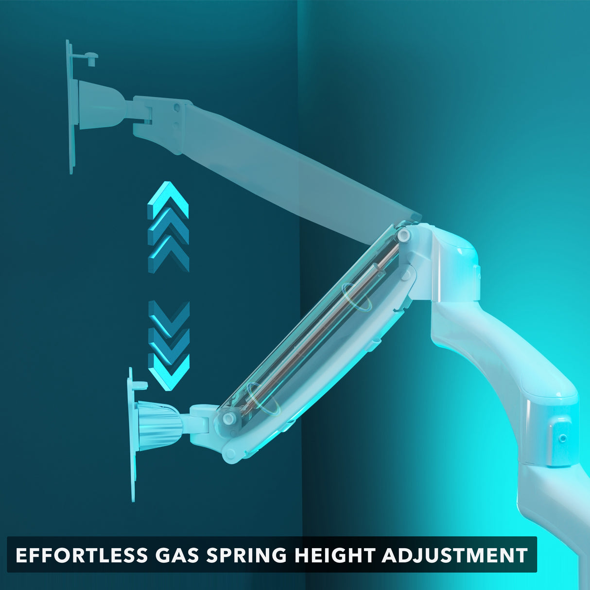 Triple Monitor Mount with Gas Spring Arms Detailed digital illustration of the gas spring arm mechanism in a Triple Monitor Mount with Gas Spring Arms, demonstrating smooth and effortless height adjustment, designed to support and position multiple monitors with precision and ease for an organized and ergonomic workspace.