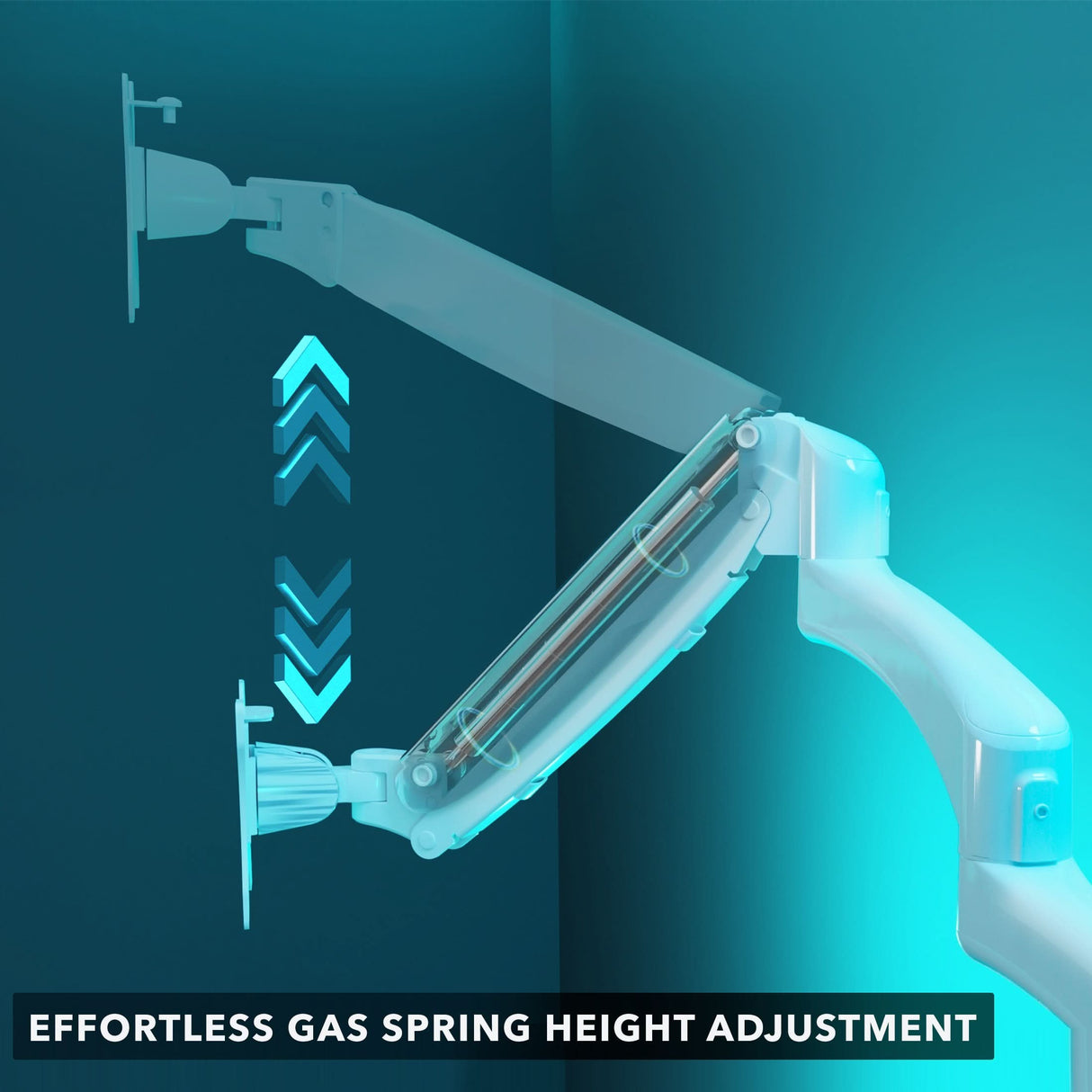 Detailed digital illustration of the gas spring arm mechanism in a Triple Monitor Mount with Gas Spring Arms, demonstrating smooth and effortless height adjustment, designed to support and position multiple monitors with precision and ease for an organized and ergonomic workspace.