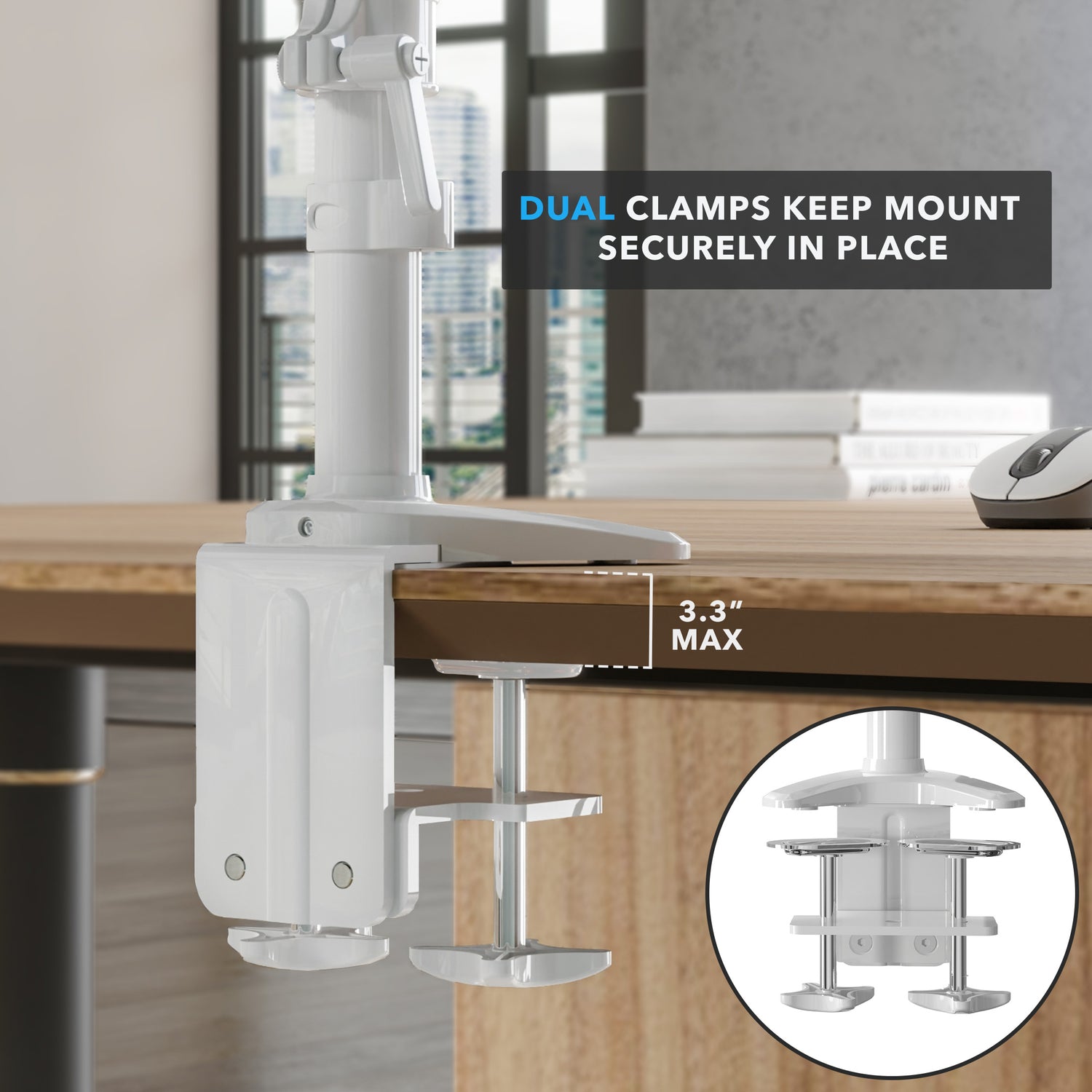 Close-up of the white dual clamp system of the Triple Monitor Mount with Gas Spring Arms securing the mount firmly to a wooden desk edge, demonstrating maximum clamping capacity of 3.3 inches for stable support and workspace organization.