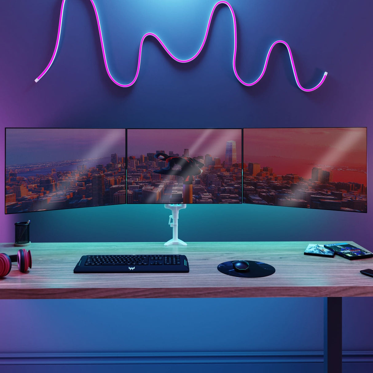 A sleek workspace featuring the Triple Monitor Mount with Gas Spring Arms holding three large monitors side by side, displaying a panoramic cityscape. The gas spring arms enable smooth height adjustment, with monitors arranged for optimal viewing angles. The setup sits on a clean, modern desk with a keyboard, mouse, and accessories, illuminated by ambient blue and purple lighting for a professional and organized environment.