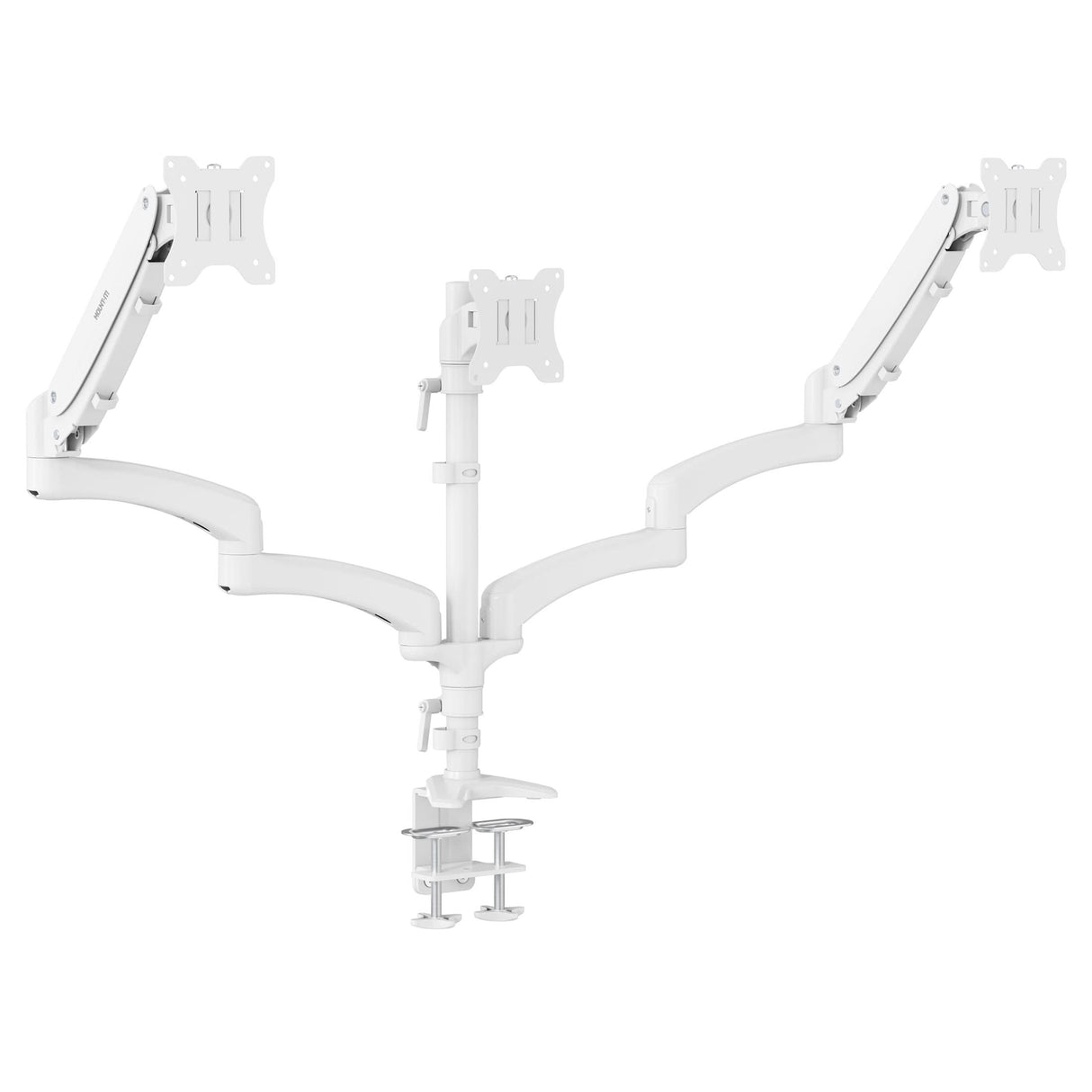White triple monitor mount with gas spring arms showing adjustable tilt, swivel, and rotation features, mounted with sturdy clamp-on base designed to fit most desks, built from durable steel to hold three monitors up to 32 inches for an organized workspace and ergonomic viewing experience.