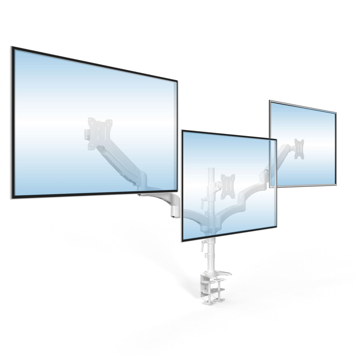 Triple Monitor Mount with Gas Spring Arms holding three adjustable flat-screen monitors side by side, mounted on a sturdy clamp attached to a desk, showcasing smooth, flexible positioning with tilt, swivel, and rotation capabilities for ergonomic comfort and a clean, organized workspace ideal for office or home use.