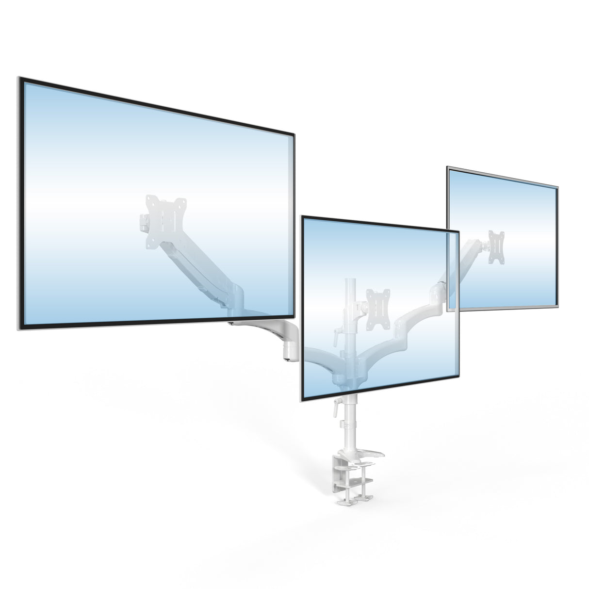 Triple Monitor Mount with Gas Spring Arms Triple Monitor Mount with Gas Spring Arms holding three adjustable flat-screen monitors side by side, mounted on a sturdy clamp attached to a desk, showcasing smooth, flexible positioning with tilt, swivel, and rotation capabilities for ergonomic comfort and a clean, organized workspace ideal for office or home use.