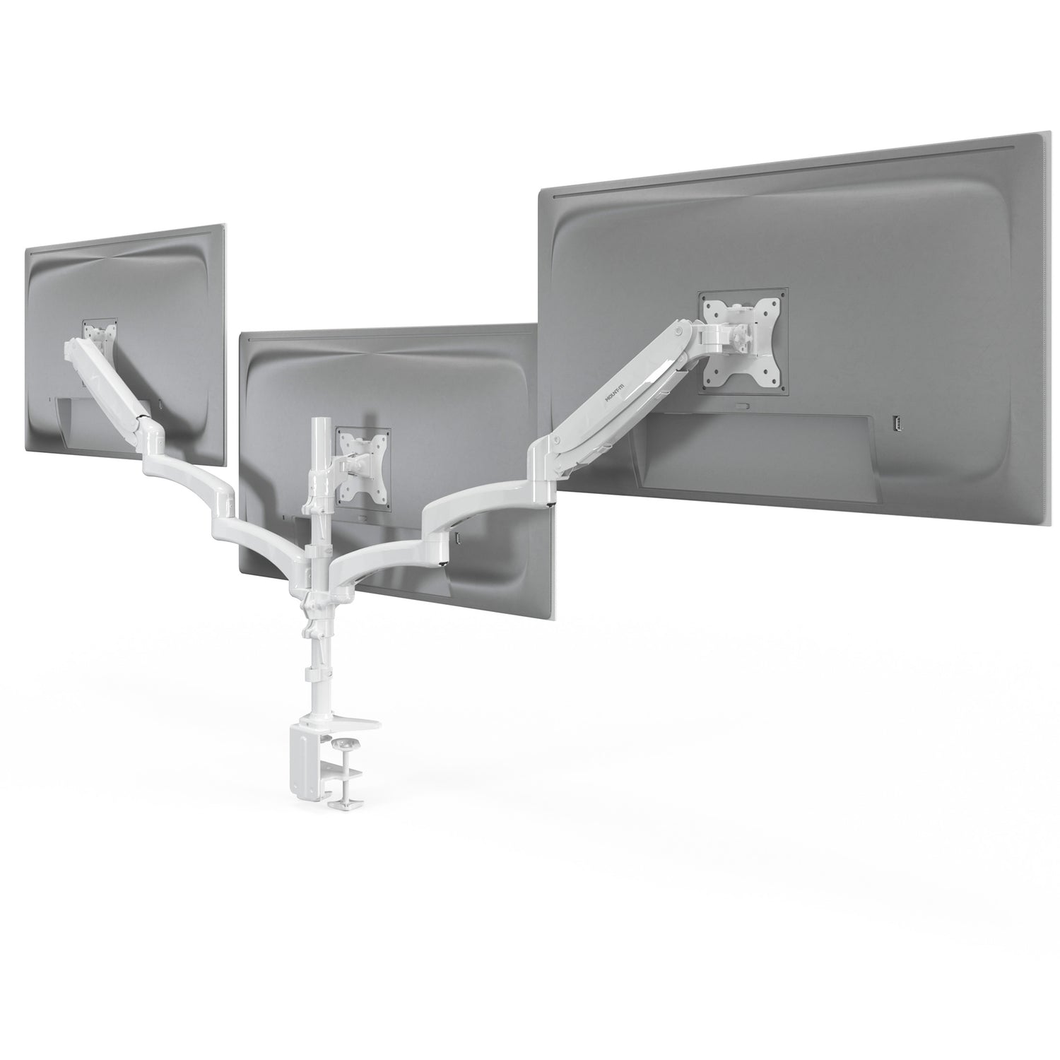 Triple Monitor Mount with Gas Spring Arms in white, showing three screens mounted side by side on adjustable gas spring arms with tilt, swivel and rotation features, securely clamped to a desk, designed for ergonomic workspace organization with durable steel construction supporting up to 32-inch monitors.