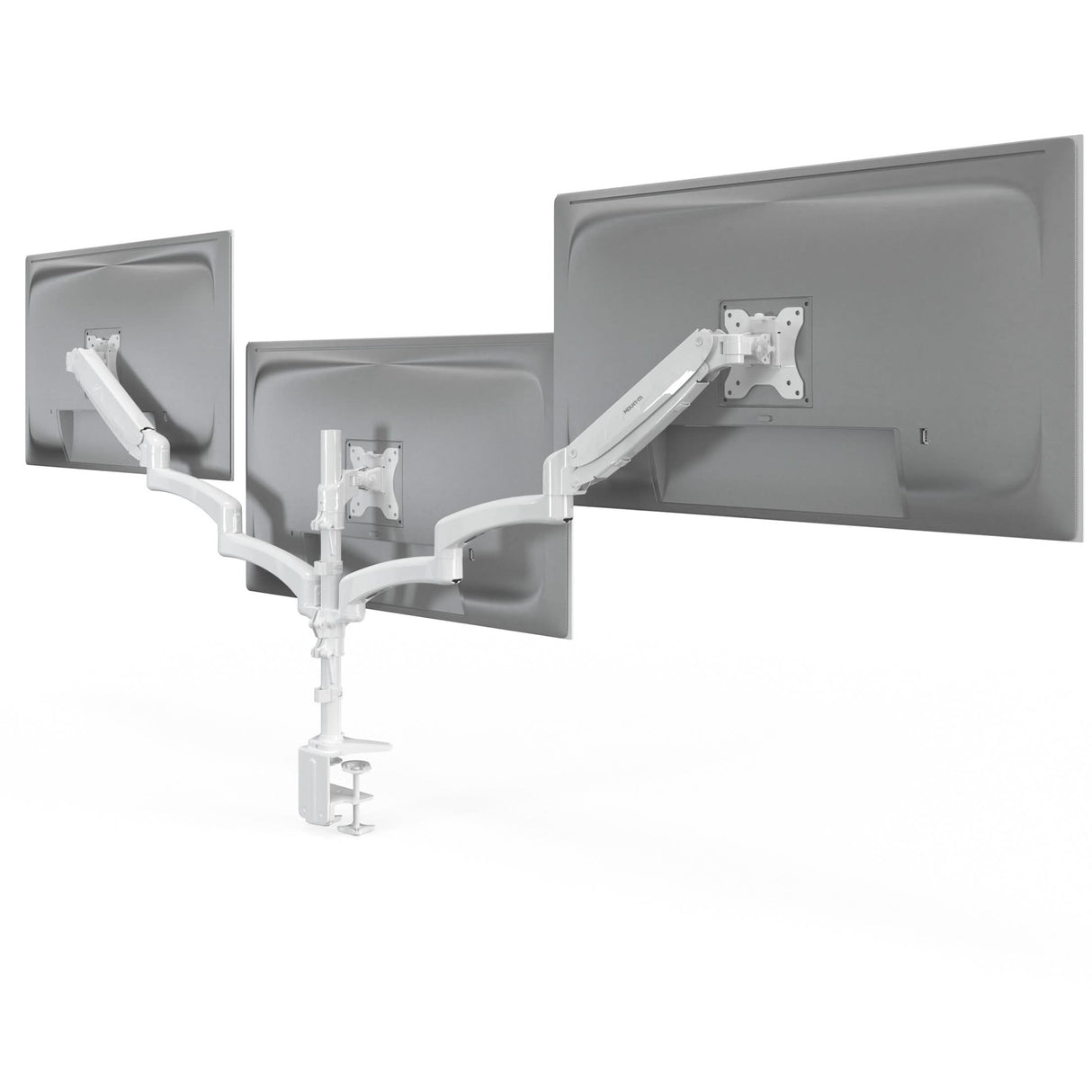 Triple Monitor Mount with Gas Spring Arms in white, showing three screens mounted side by side on adjustable gas spring arms with tilt, swivel and rotation features, securely clamped to a desk, designed for ergonomic workspace organization with durable steel construction supporting up to 32-inch monitors.
