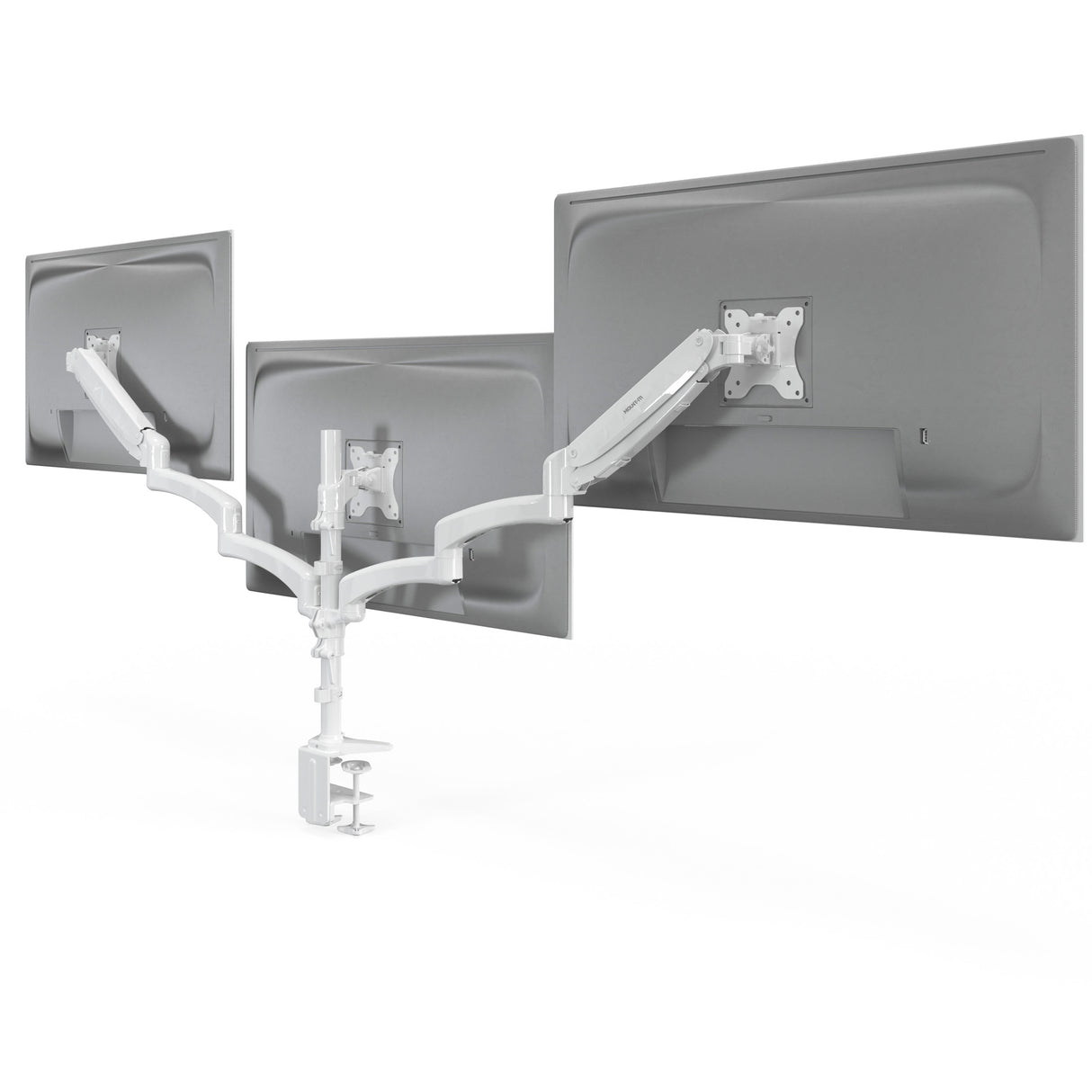 Triple Monitor Mount with Gas Spring Arms Triple Monitor Mount with Gas Spring Arms in white, showing three screens mounted side by side on adjustable gas spring arms with tilt, swivel and rotation features, securely clamped to a desk, designed for ergonomic workspace organization with durable steel construction supporting up to 32-inch monitors.