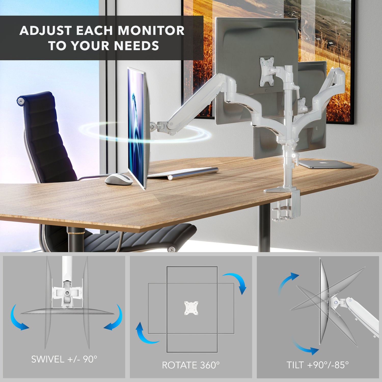 A white Triple Monitor Mount with Gas Spring Arms securely clamped to a wooden desk, holding three adjustable monitors side by side. The image highlights smooth tilt, swivel, and 360-degree rotation capabilities for ergonomic customization, demonstrating how each monitor can be precisely positioned for optimal viewing angles in a clean, organized workspace setup.