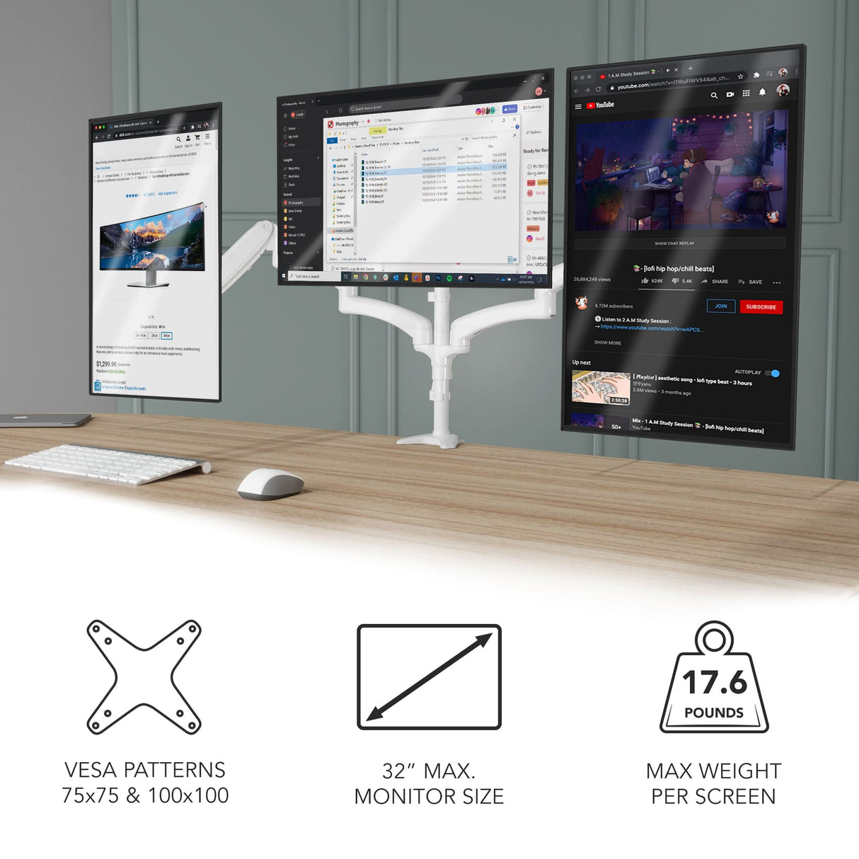 Triple Monitor Mount with Gas Spring Arms holding three 32-inch monitors side by side on a desk, featuring smooth height adjustment and swivel capabilities with a sturdy clamp-on design, supported by icons indicating VESA patterns 75x75 and 100x100, maximum monitor size of 32 inches, and max weight per screen of 17.6 pounds for a clean, organized workspace.