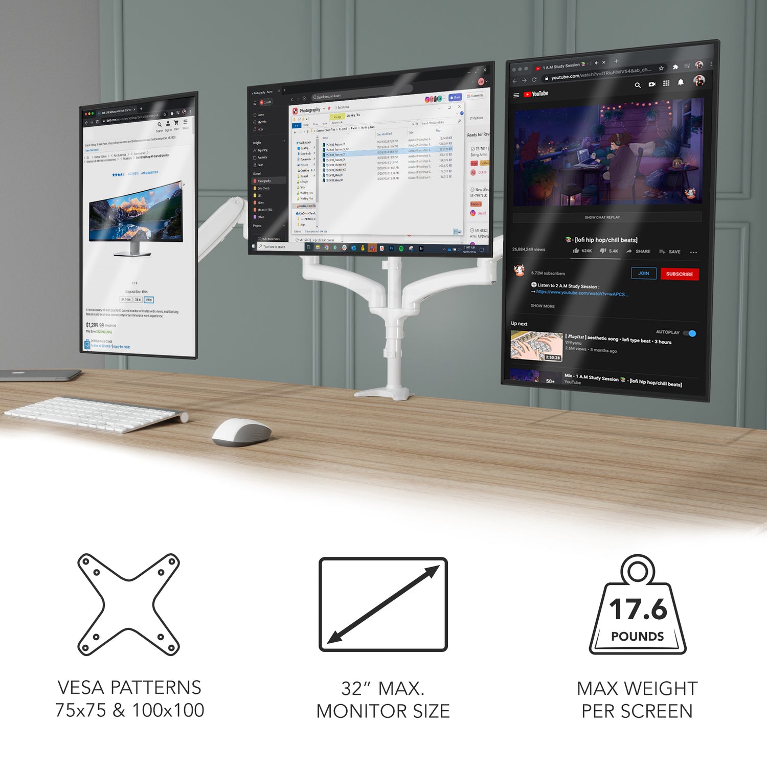 Triple Monitor Mount with Gas Spring Arms holding three 32-inch monitors side by side on a desk, featuring smooth height adjustment and swivel capabilities with a sturdy clamp-on design, supported by icons indicating VESA patterns 75x75 and 100x100, maximum monitor size of 32 inches, and max weight per screen of 17.6 pounds for a clean, organized workspace.