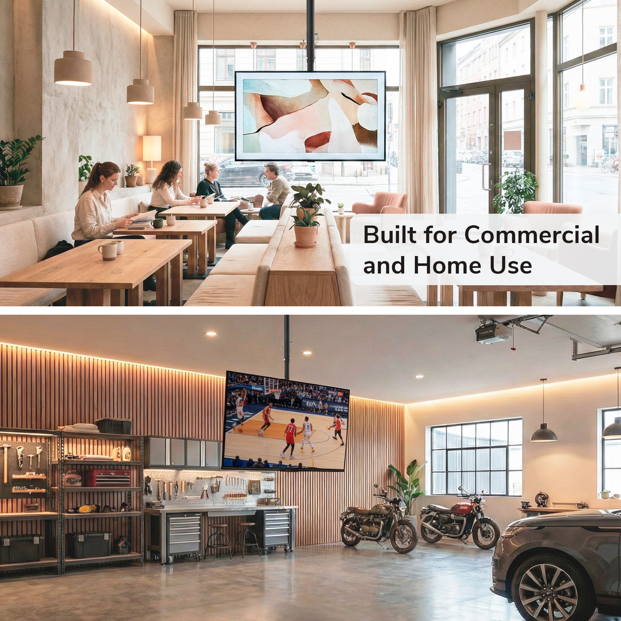 Top: A modern café with people working and a Mount-It! Full-Motion TV Ceiling Mount. Bottom: A stylish garage with motorcycles, a car, and a wall-mounted TV mount showing basketball. Text: Built for Commercial and Home Use.