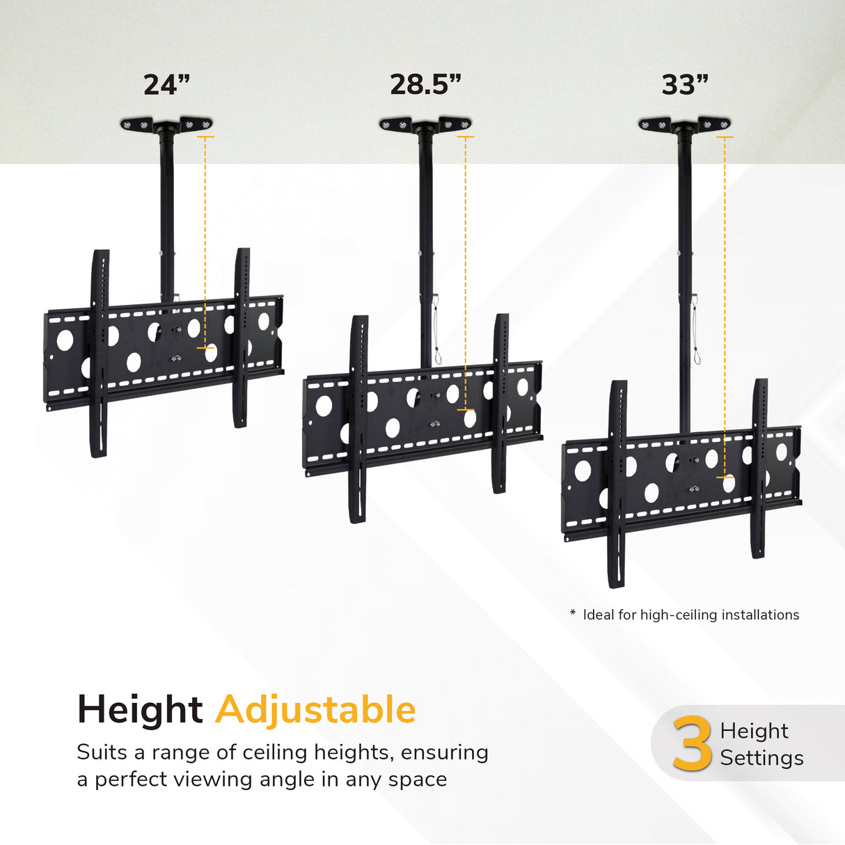 Diagram shows the Mount-It! Full-Motion TV Ceiling Mount with adjustable heights of 24", 28.5", and 33". Ideal for different ceiling heights and viewing angles. Text emphasizes height adjustability with three options.