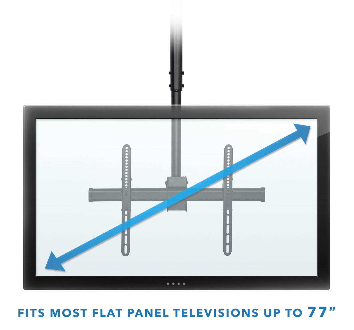 A black Mount-It! Full Motion Ceiling TV Mount with Long Extension features a blue arrow showing the diagonal measurement and height adjustable design; fits most flat panel TVs up to 77”. Text below reads, Fits most flat panel televisions up to 77”.
