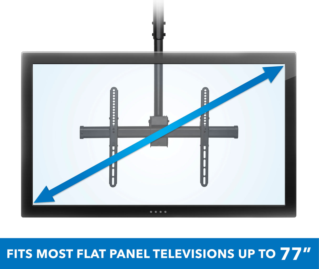 The Mount-It! Large Full Motion Ceiling TV Mount is shown with an arrow measuring screen size diagonally. Text at the bottom states, Fits most flat panel televisions up to 77 inches.
