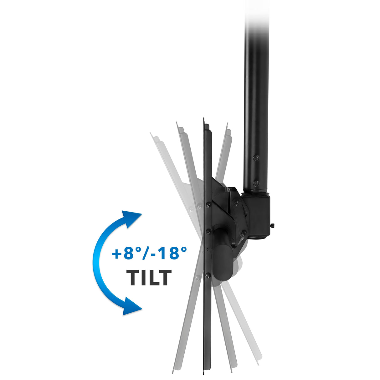 Side view of the Mount-It! Large Full Motion Ceiling TV Mount attached to a vertical pole, showing its VESA compatibility and adjustable tilt range from +8° to -18°, with blue arrows indicating the tilt motion.