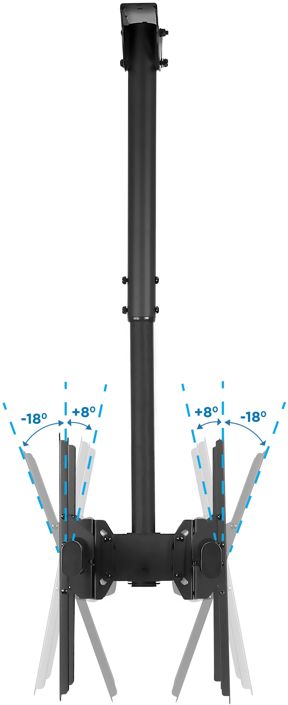 The Mount-It! Heavy Duty Dual TV Ceiling Mount features black adjustable arms with a tilt range of +8° upward and -18° downward, shown by blue dashed lines and angle measurements. This VESA-compatible mount securely fits most TVs.