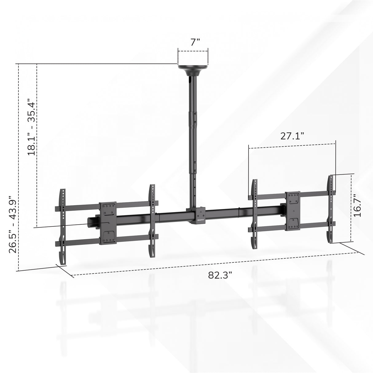 Mount-It! Dual TV Ceiling Mount with Short Pole features three adjustable brackets, full-motion flexibility, 82.3" width, 27.1" between mounts, adjustable height 18.1–35.4", mount height 16.7", and vertical range 26.5–43.9". Ideal for commercial use.