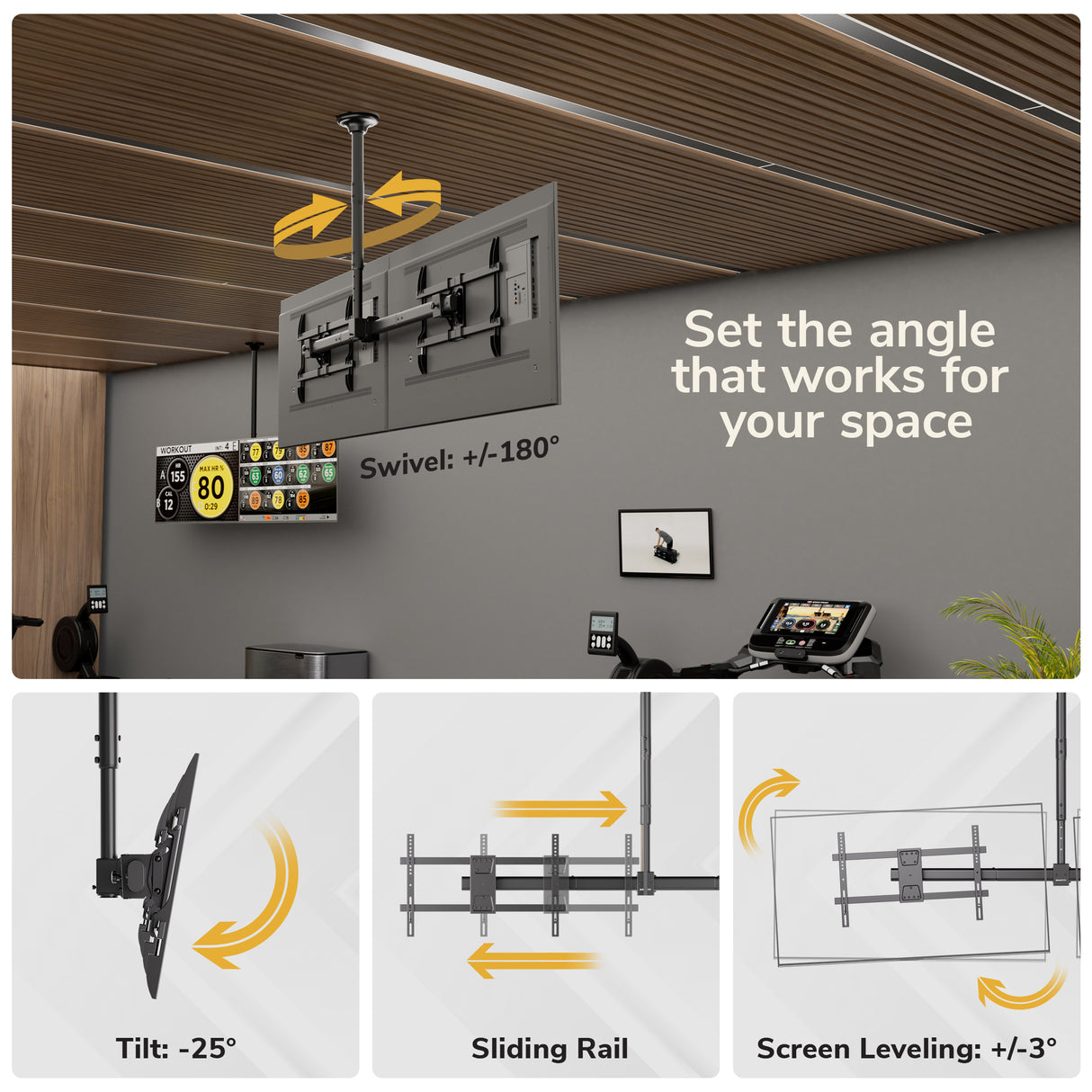 The Mount-It! Dual TV Ceiling Mount with Short Pole offers full-motion flexibility with -25° tilt, 180° swivel, sliding rail adjustment, and ±3° screen leveling—shown ceiling-mounted above gym equipment displaying a soccer game.