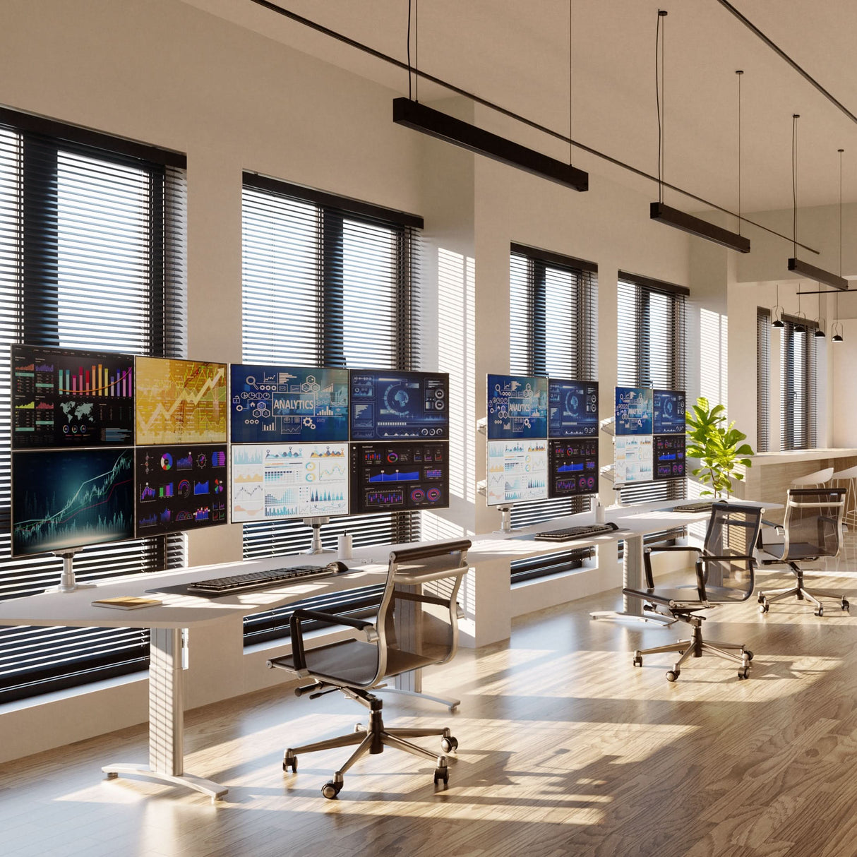 Modern office space featuring multiple workstations equipped with Full Motion Quad Monitor Desk Mounts holding four large screens each, showcasing data and analytics. The mounts allow swivel, tilt, and screen rotation for ergonomic viewing. The workspace is bright with natural light, ergonomic chairs, and a clean, organized setup promoting productivity and comfort.