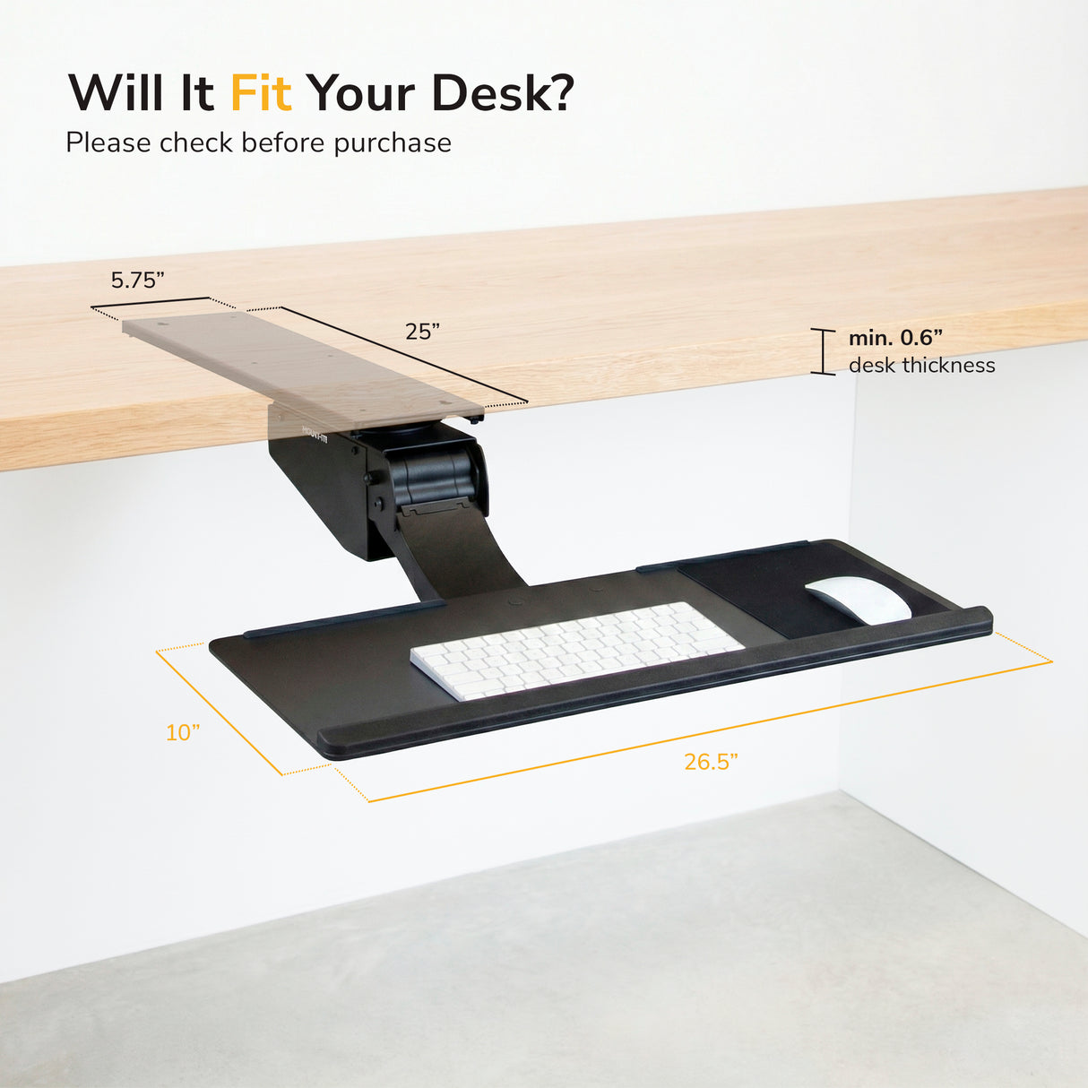 The Mount-It! Standing Keyboard and Mouse Platform With Ergonomic Wrist Rest Pad mounts under desks 0.6" thick with a 5.75–25" width, measures 26.5"x10", and securely holds both keyboard and mouse for ergonomic comfort.