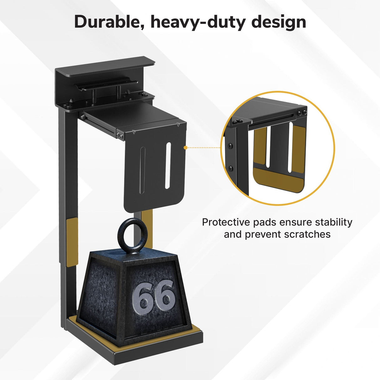 The Mount-It! Heavy-Duty Clamp-On CPU Mount, in black metal, supports up to 66 lbs and features protective pads for stability and scratch prevention. Inset image highlights pad design. Text: Durable, heavy-duty under desk computer mount.