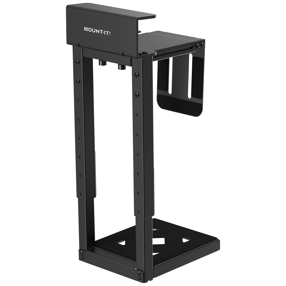 The Mount-It! Heavy-Duty Clamp-On CPU Mount is a black metal under-desk computer holder with an adjustable frame, sturdy base, and side brackets to secure your computer tower.