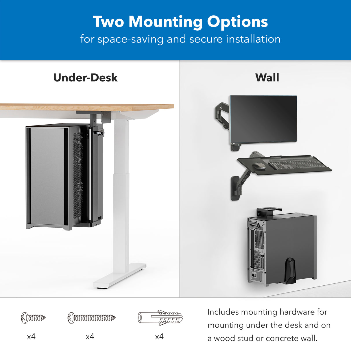 The Mount-It! Rotating Heavy-Duty Under Desk / Wall CPU Mount offers two setups: secure your PC under your desk or mount it on the wall with your monitor and keyboard. All hardware is included for versatile installation.