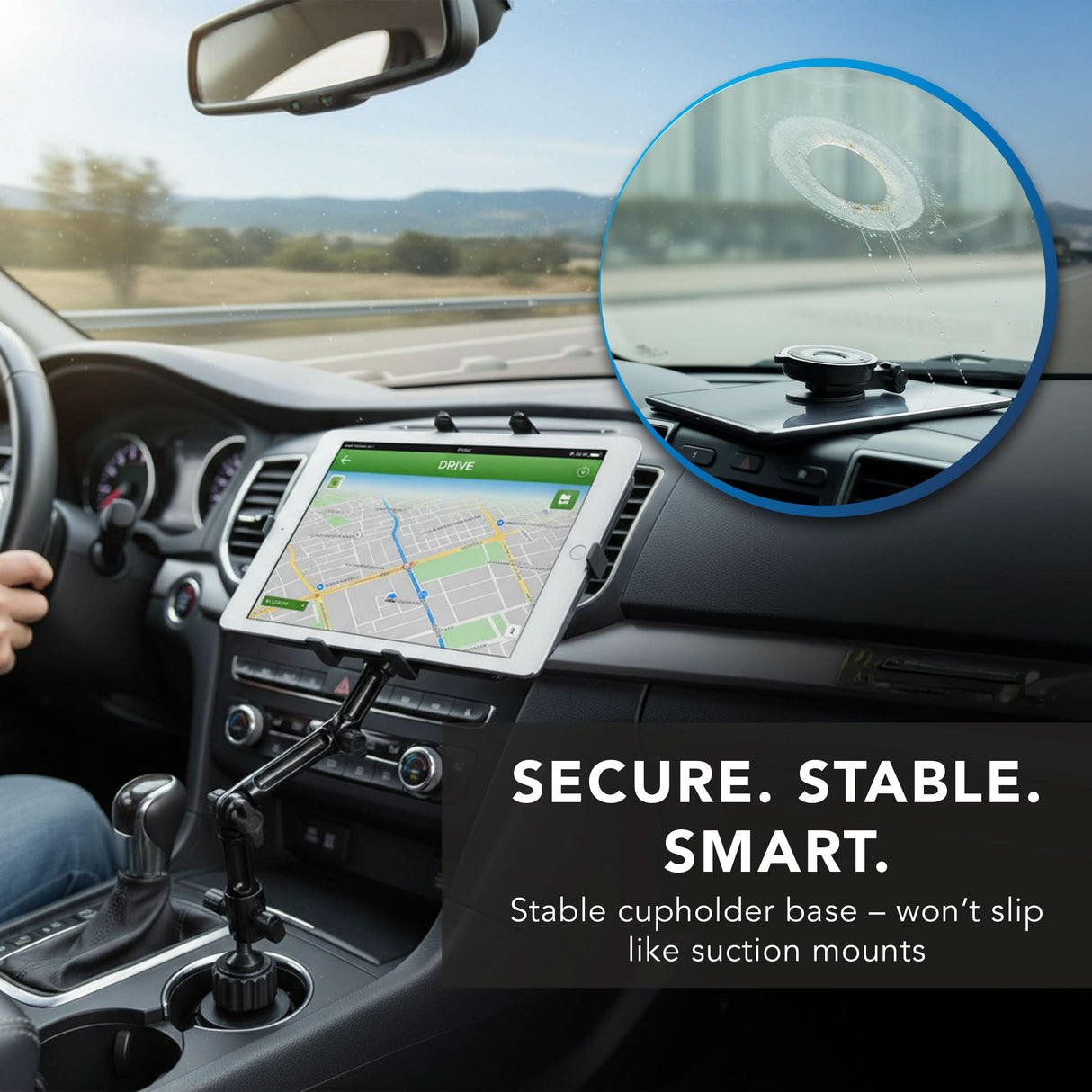 A car interior features the Mount-It! Heavy-Duty Cup Holder Tablet ELD Mount on the dashboard displaying a map. Inset spotlights its stable cupholder base—no slipping like suction mounts. Text: Secure. Stable. Smart.