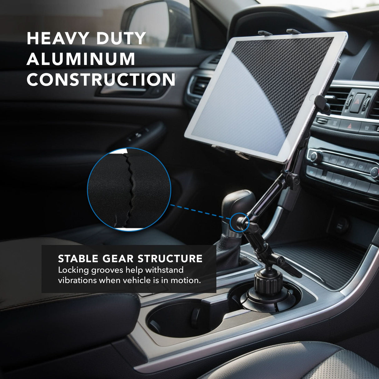 The Mount-It! Heavy-Duty Cup Holder Tablet ELD Mount offers a stable gear structure and locking grooves to securely hold your device in place, making it a reliable choice for ELD tablets during vehicle motion.
