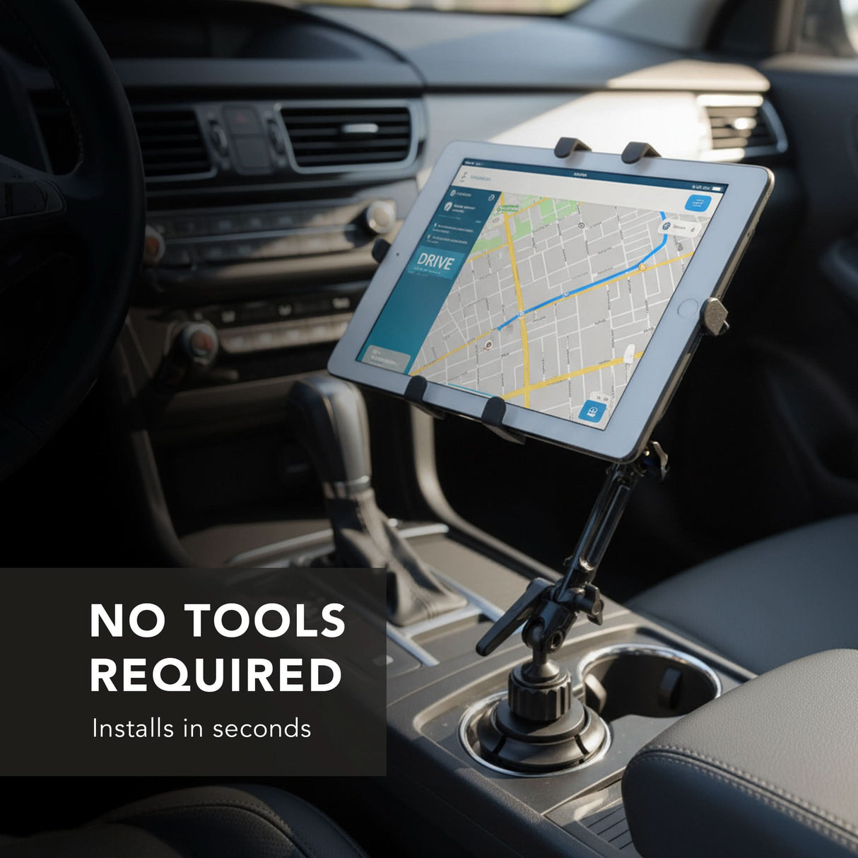 The Mount-It! Heavy-Duty Cup Holder Tablet ELD Mount is installed on a car’s center console, holding a tablet with a map above the cup holder. Text reads: “NO TOOLS REQUIRED – Installs in seconds.”.