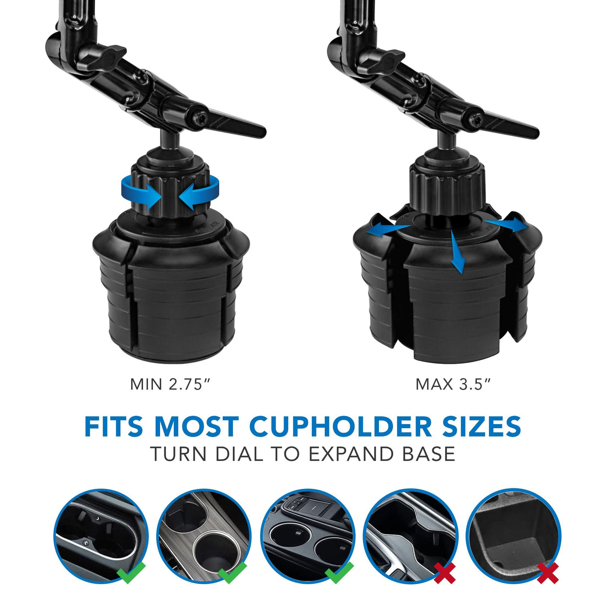 The Mount-It! Heavy-Duty Cup Holder Tablet ELD Mount features an adjustable base that expands from 2.75 to 3.5 inches, fitting most cupholders—ideal for securely mounting tablets as ELDs in various vehicles.