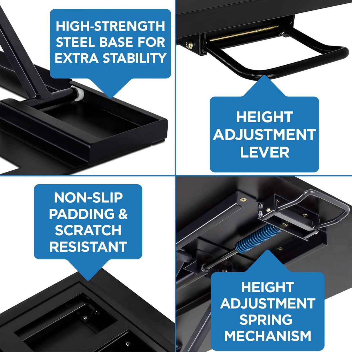 Four images with blue labels showcase the Mount-It! Height Adjustable X-Lift Standing Desk Converter: a strong steel base, height adjustment lever, non-slip scratch-resistant pads, and a spring for easy sit-stand transitions.