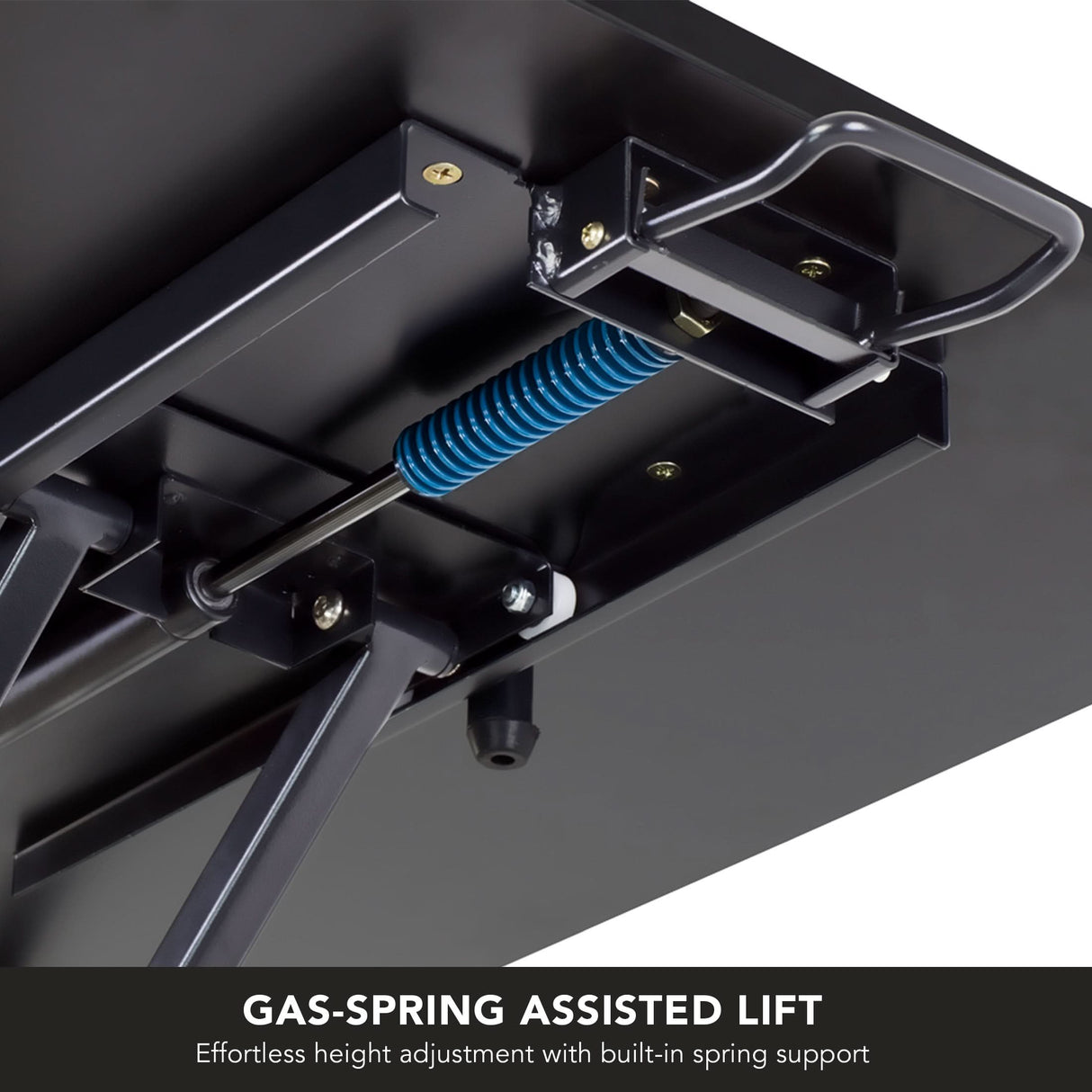 Close-up of the Mount-It! Height Adjustable X-Lift Standing Desk Converter’s gas-spring mechanism with a blue spring, mounted under the surface. GAS-SPRING ASSISTED LIFT – Smooth height adjustment with built-in spring support.