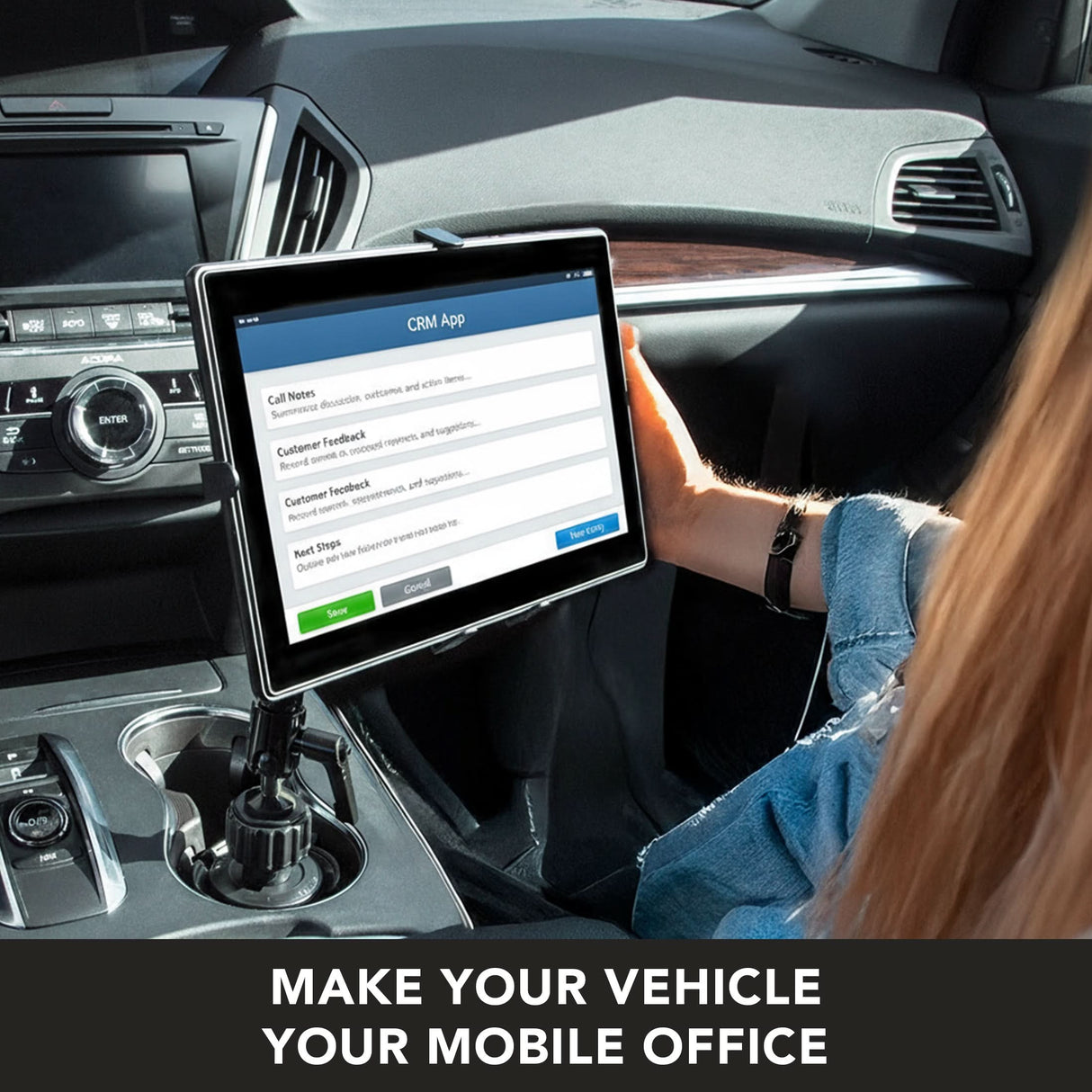 A person sits in a car using the Mount-It! Heavy-Duty Cup Holder Tablet ELD Mount near the center console to display a CRM app; text at the bottom reads, MAKE YOUR VEHICLE YOUR MOBILE OFFICE.