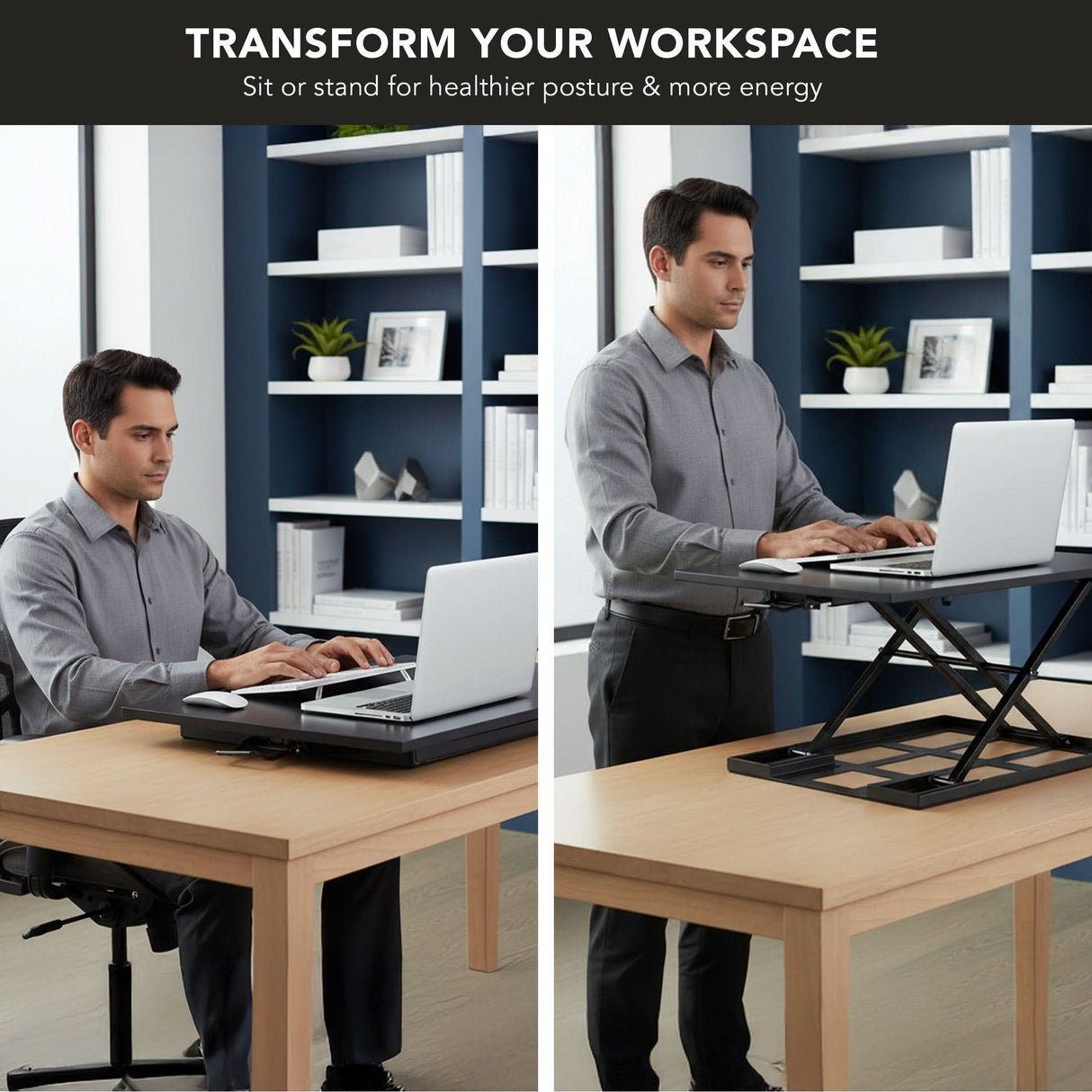Side-by-side images show a man at a desk: on the left, he sits; on the right, he stands using the Mount-It! Height Adjustable X-Lift Standing Desk Converter with his laptop. Shelves and plants warm the background.