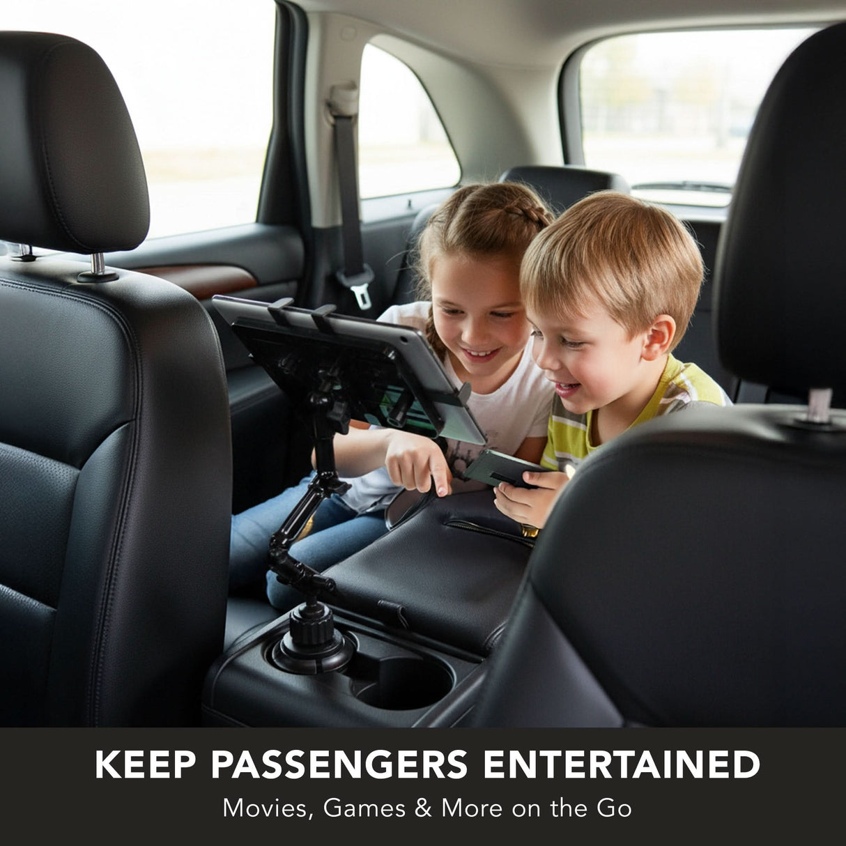 Two smiling children enjoy games in the backseat using the Mount-It! Heavy-Duty Cup Holder Tablet ELD Mount. KEEP PASSENGERS ENTERTAINED—Movies, Games & More on the Go.
