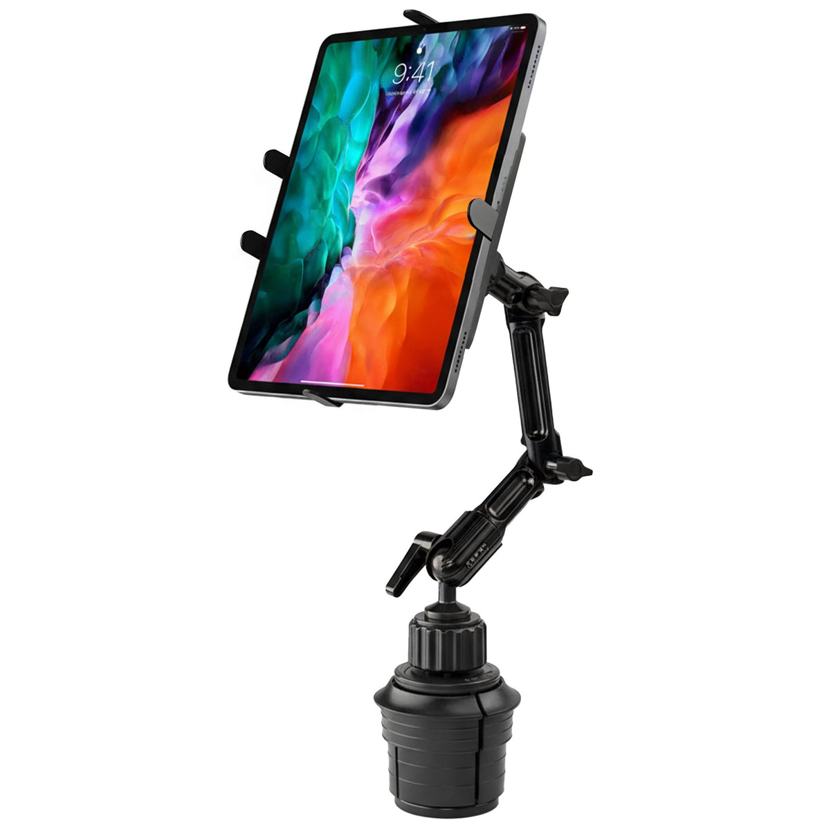 The Mount-It! Heavy-Duty Cup Holder Tablet ELD Mount features an adjustable black arm and cup holder base, providing a secure, hands-free solution for mounting your tablet or ELD device while driving.