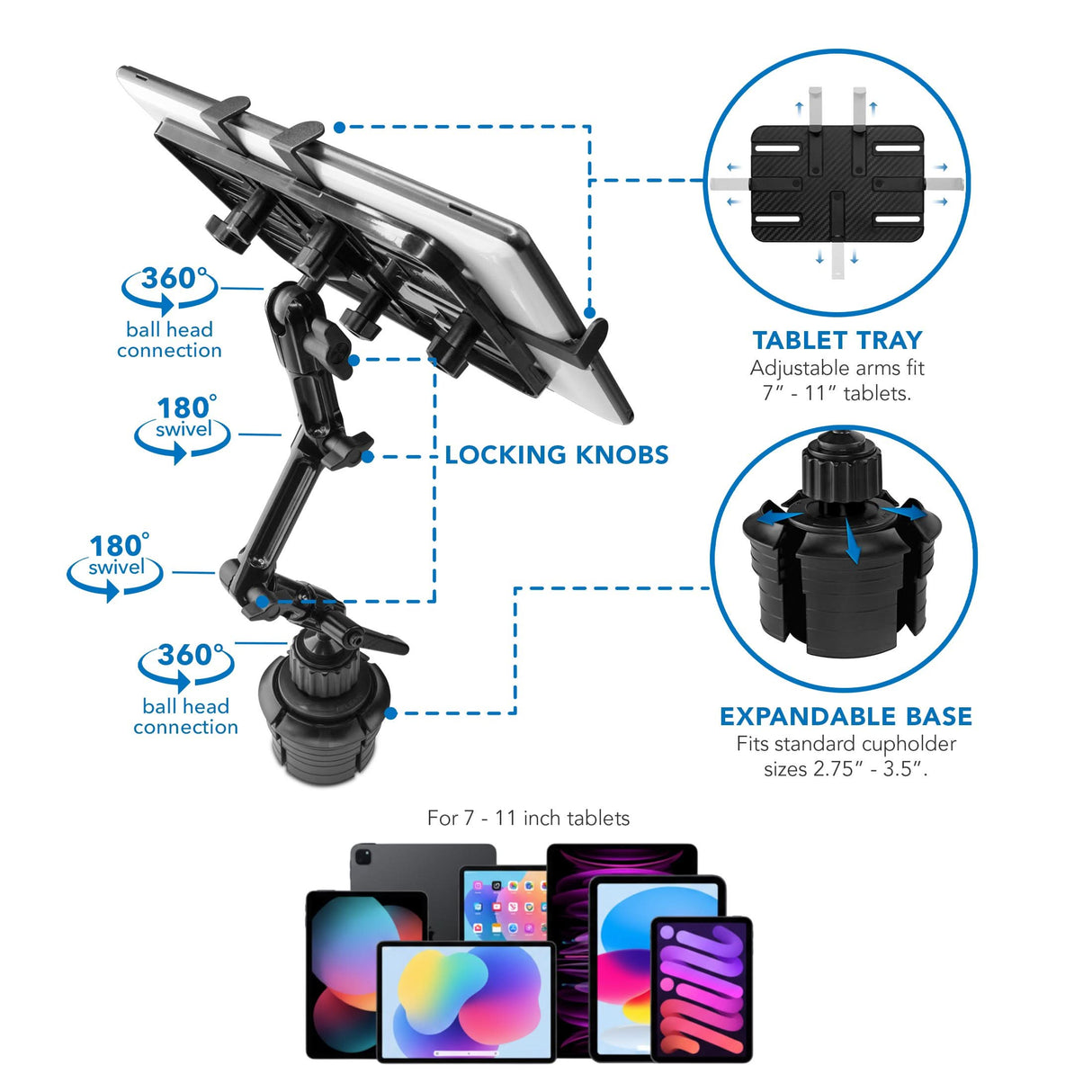 The Mount-It! Heavy-Duty Cup Holder Tablet ELD Mount features an adjustable arm with 360°/180° swivel, locking knobs, a tray for 7–11" tablets, and an expandable base to fit cupholders—ideal for drivers as a universal tablet or ELD mount.