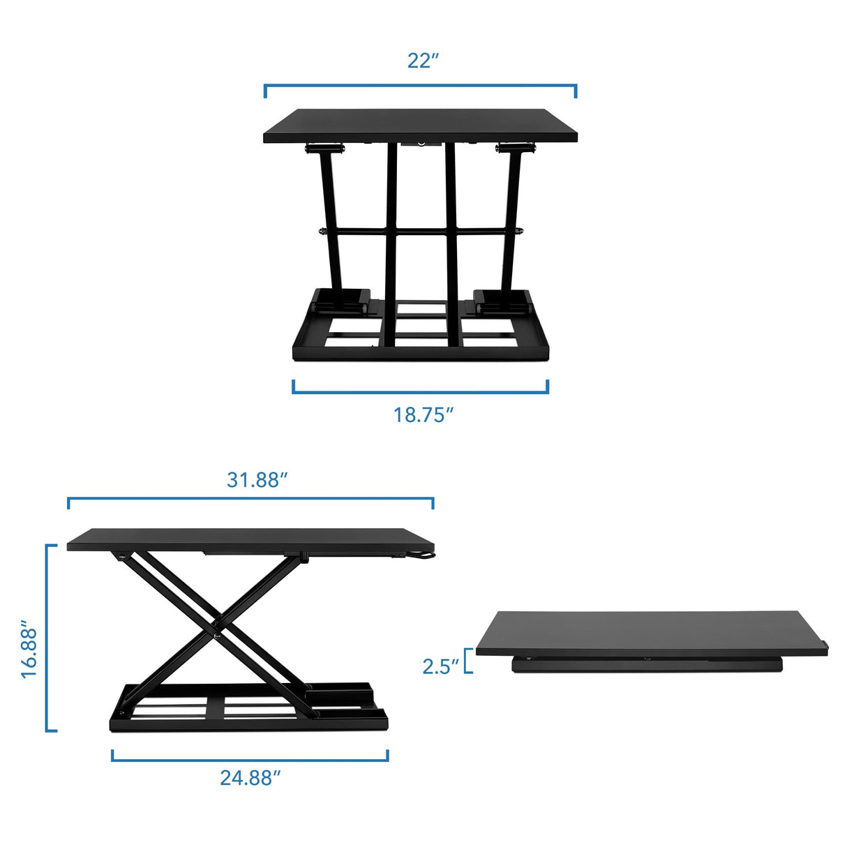 The Mount-It! Height Adjustable X-Lift Standing Desk Converter is shown in three views, measuring 22" wide, 18.75" deep, with an adjustable height from 2.5" to 16.88" and a maximum extended length of 31.88", highlighting ergonomic design.