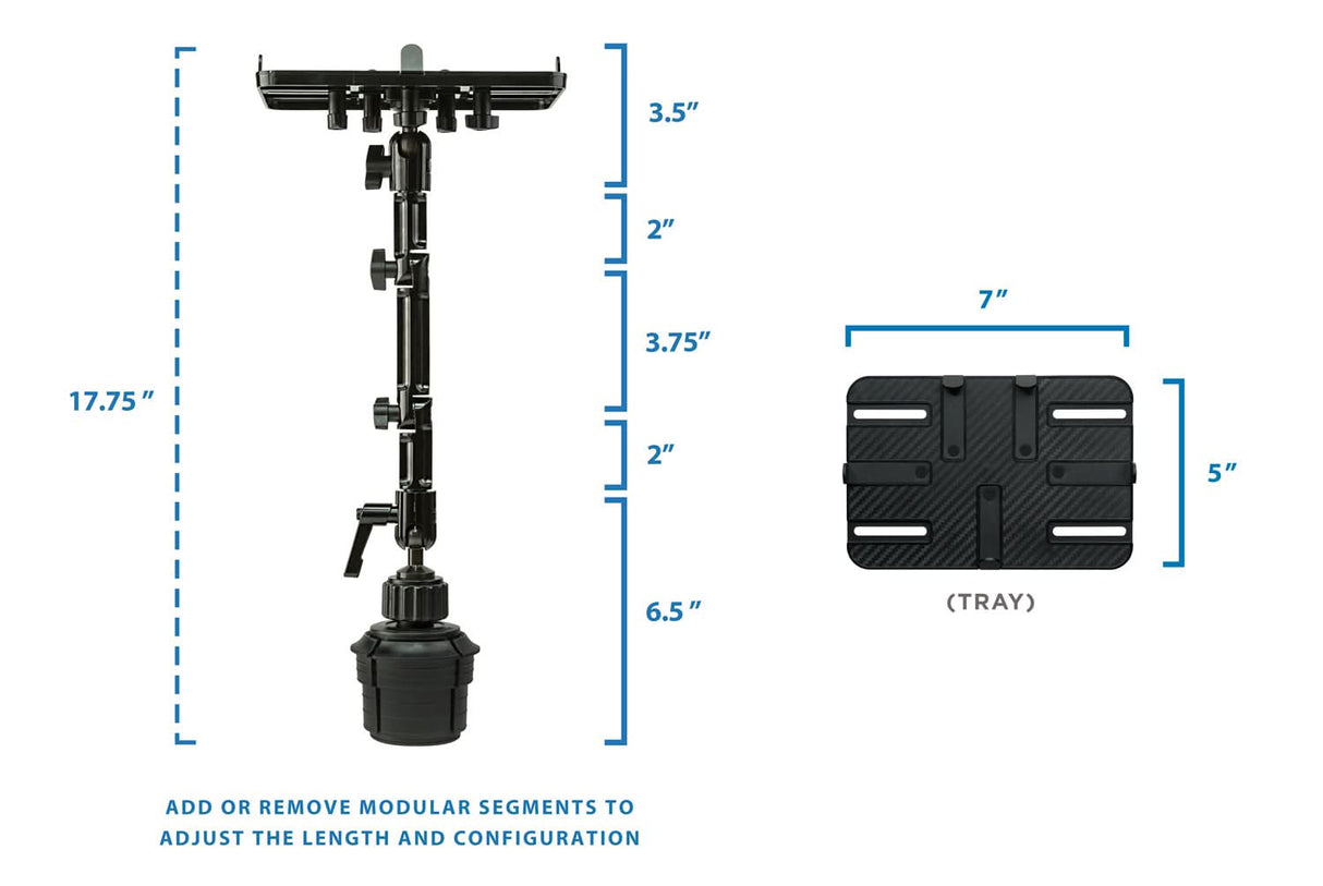 The Mount-It! Heavy-Duty Cup Holder Tablet ELD Mount features a modular pole system with labeled, adjustable segments for a 17.75-inch max height and includes a removable 7"x5" tray, offering flexible configuration for your tablet.