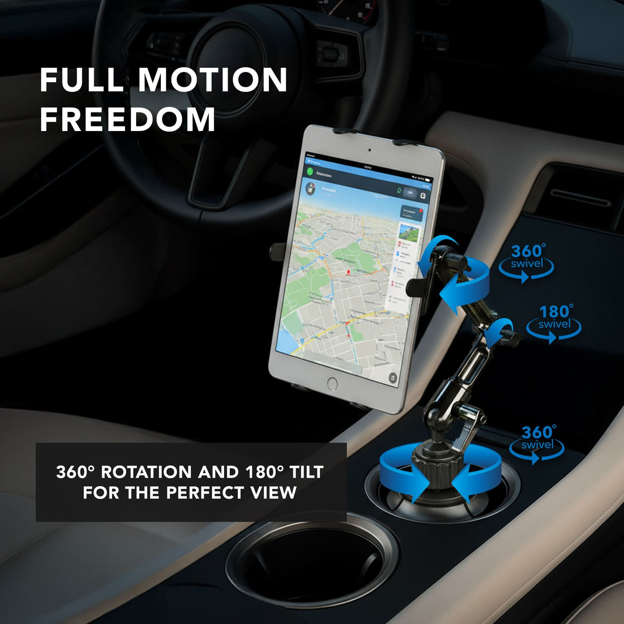 The Mount-It! Heavy-Duty Cup Holder Tablet ELD Mount sits in a car’s cup holder, displaying navigation. Blue arrows show its 360° rotation and 180° tilt with text FULL MOTION FREEDOM, highlighting easy and flexible adjustment.