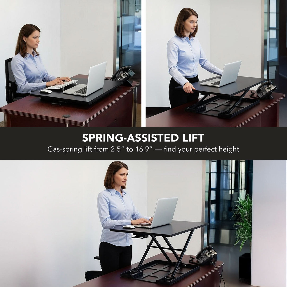 Collage featuring a woman using the Mount-It! Height Adjustable X-Lift Standing Desk Converter in both sitting and standing office positions, with laptop and phone displayed to show multiple ergonomic height settings.