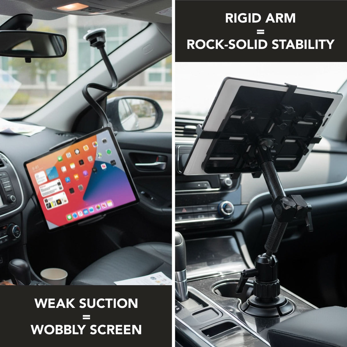 Split image of two car interiors: the left shows a shaky screen from a weak mount, while the right features a Mount-It! Carbon Fiber Cup Holder Tablet ELD Mount, delivering rock-solid stability—perfect for ELD compliance on the road.