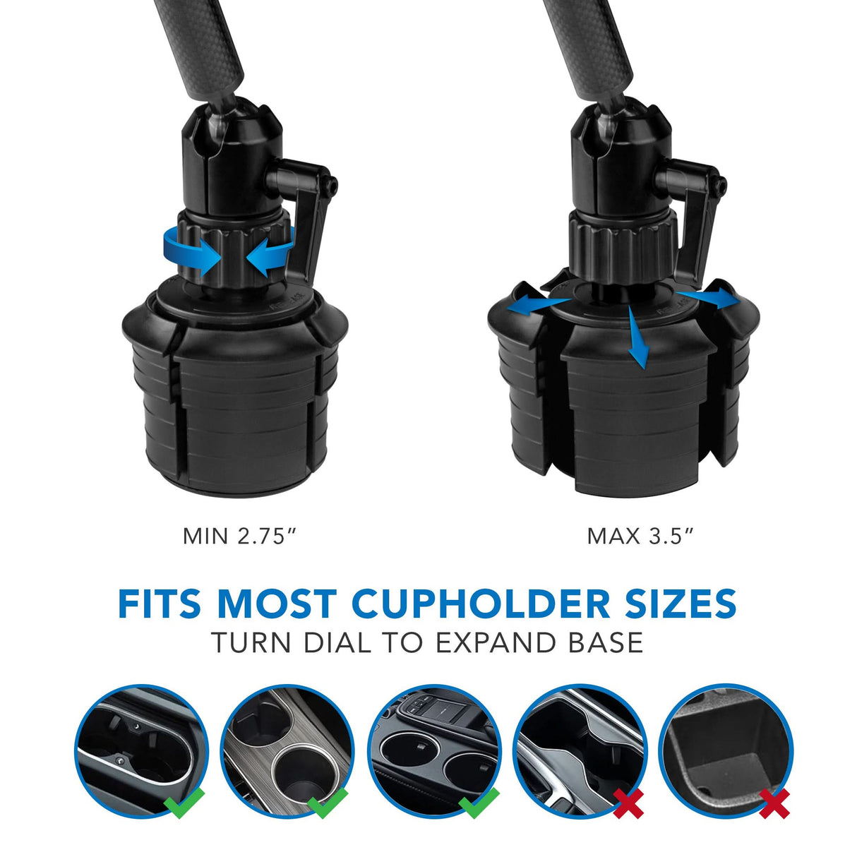 Two images display the Mount-It! Carbon Fiber Cup Holder Tablet ELD Mount’s adjustable base: one at its minimum width (2.75"), one at maximum width (3.5"). Labeled below are examples of compatible and incompatible cup holders.