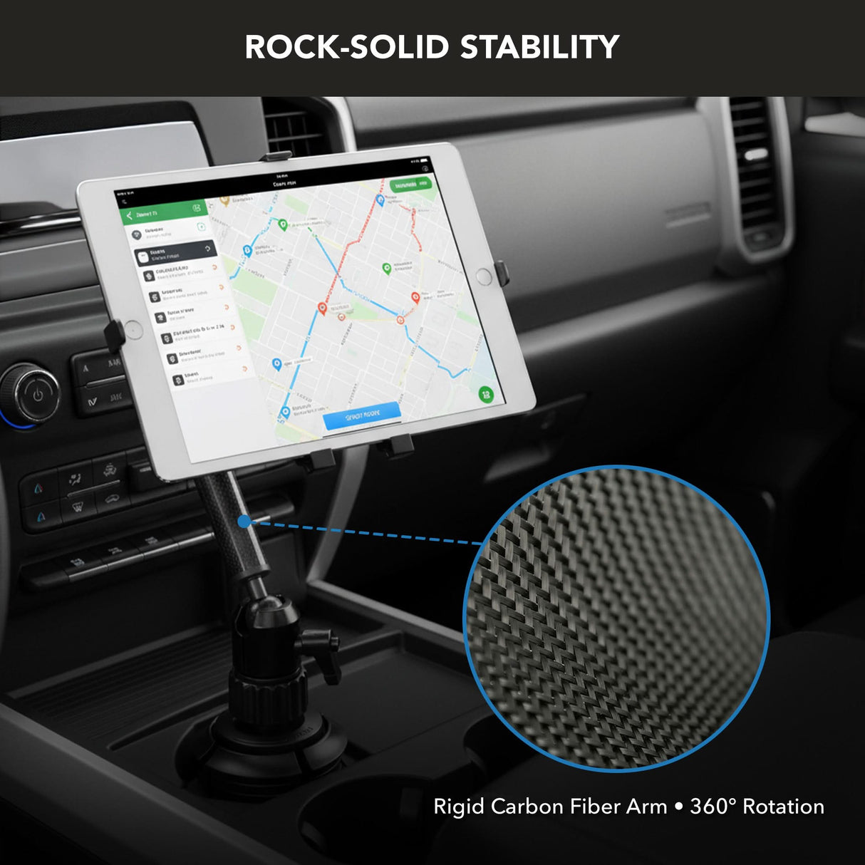 A Mount-It! Carbon Fiber Cup Holder Tablet ELD Mount holds a tablet with a rigid carbon fiber arm, displaying a map. The text reads ROCK-SOLID STABILITY. An inset shows the carbon fiber texture, perfect for ELD compliance.