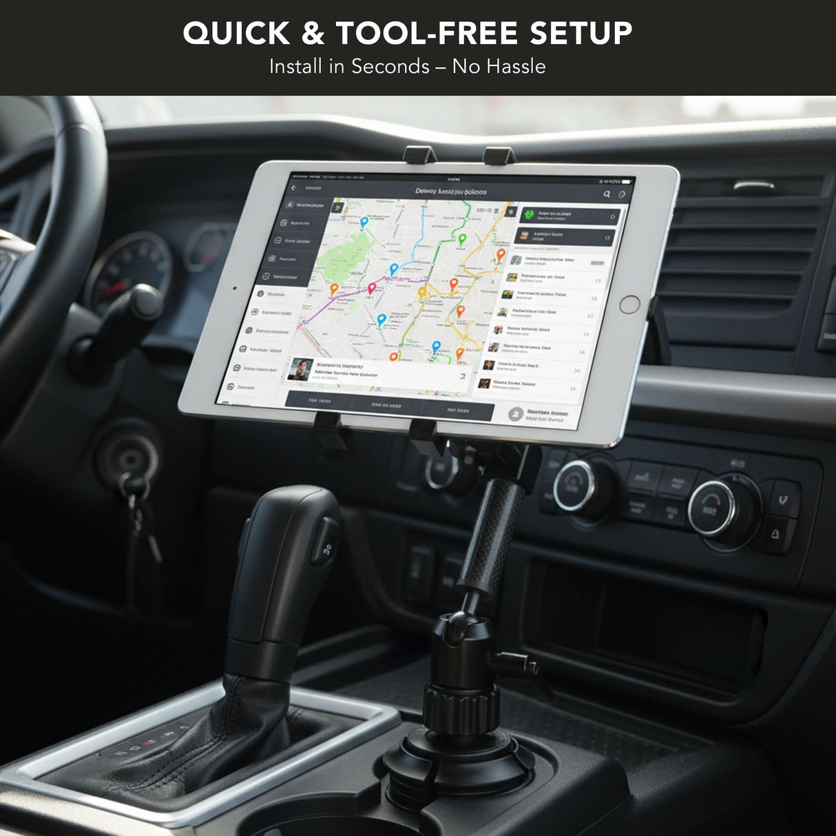 The Mount-It! Carbon Fiber Cup Holder Tablet ELD Mount is installed in a car interior, displaying navigation and delivery apps. Text above reads: Quick & Tool-Free Setup – Install in Seconds. Perfect for ELD compliance on the go.