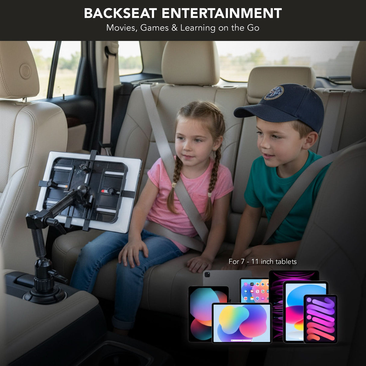 Two children enjoy a tablet in the backseat, mounted on the Mount-It! Carbon Fiber Cup Holder Tablet ELD Mount. The heading reads BACKSEAT ENTERTAINMENT, with images of tablets and cup holder mounts displayed below.