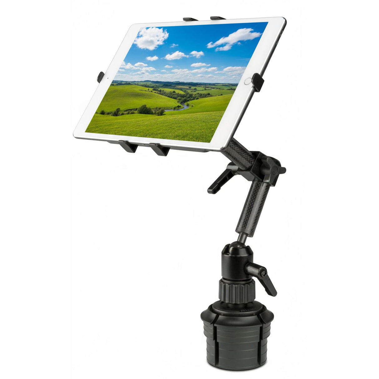 The Mount-It! Carbon Fiber Cup Holder Tablet ELD Mount securely displays your tablet on a flexible, adjustable stand with a sturdy base—ideal for hands-free use and positioning on flat surfaces or in your vehicle.