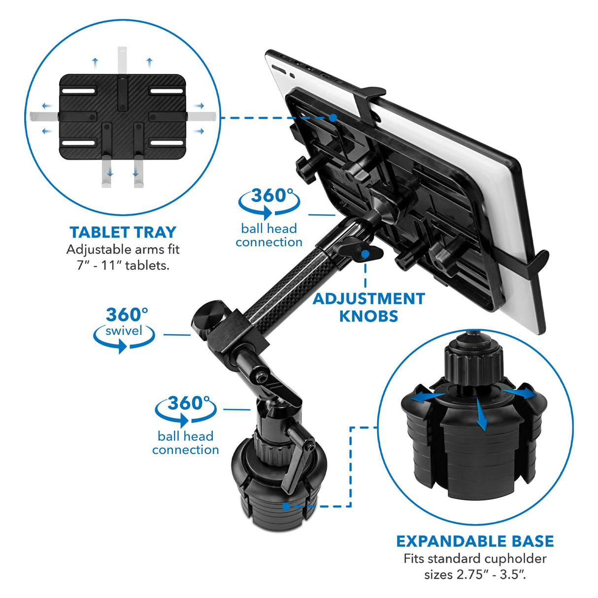 The Mount-It! Carbon Fiber Cup Holder Tablet ELD Mount features an adjustable tray for 7–11” tablets, 360° swivel ball head, easy adjustment knobs, and a base expanding to fit 2.75–3.5” cupholders—perfect for ELD compliance on the road.